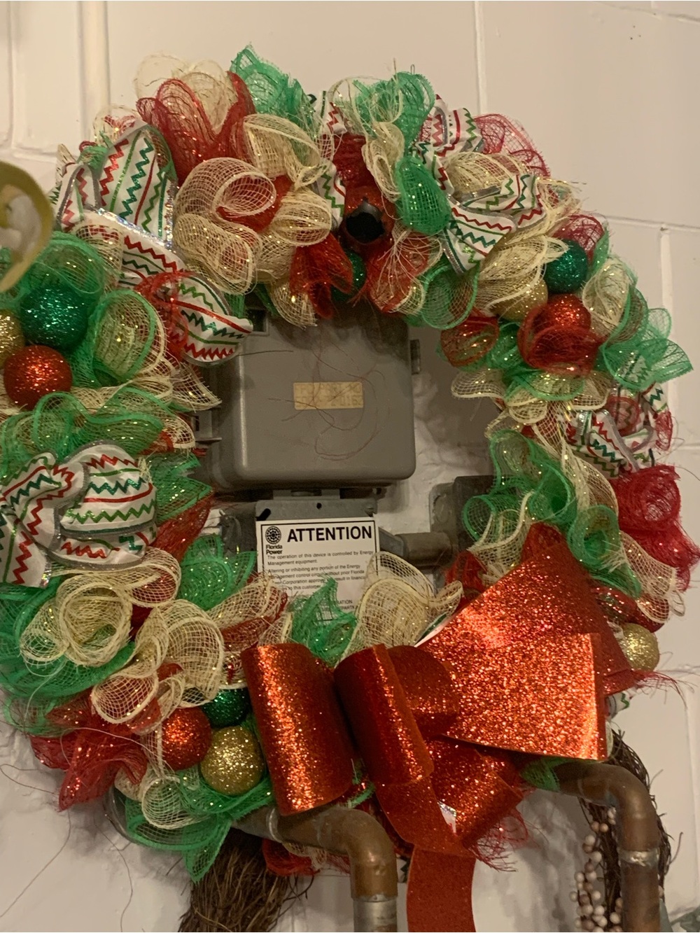 Festive Red, Green & Gold Holiday Wreath with Glitter Bow